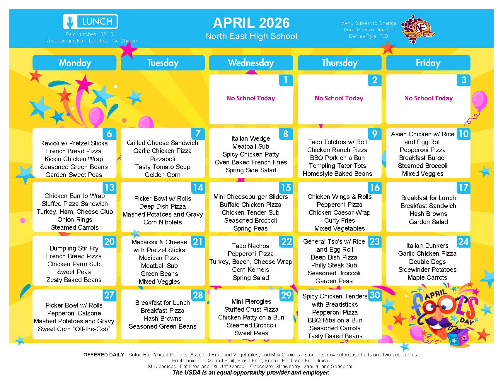 NEHS April Lunch Menu